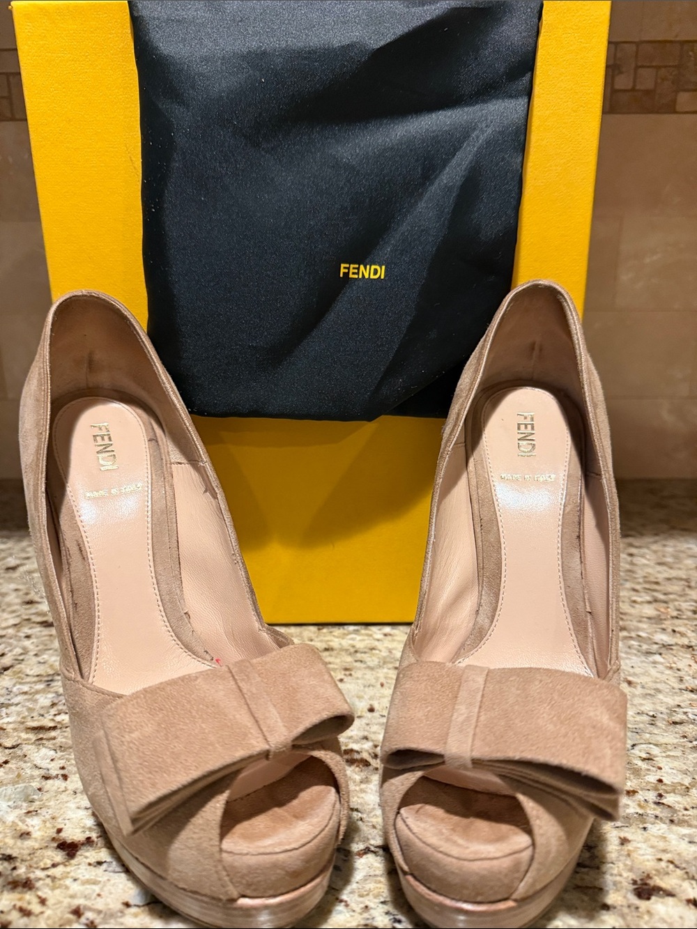 Fendi Taupe Suede Peep-Toe Platform Pumps
